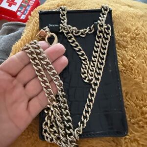 Black Croc-Embossed Phone Crossbody with Gold Chain